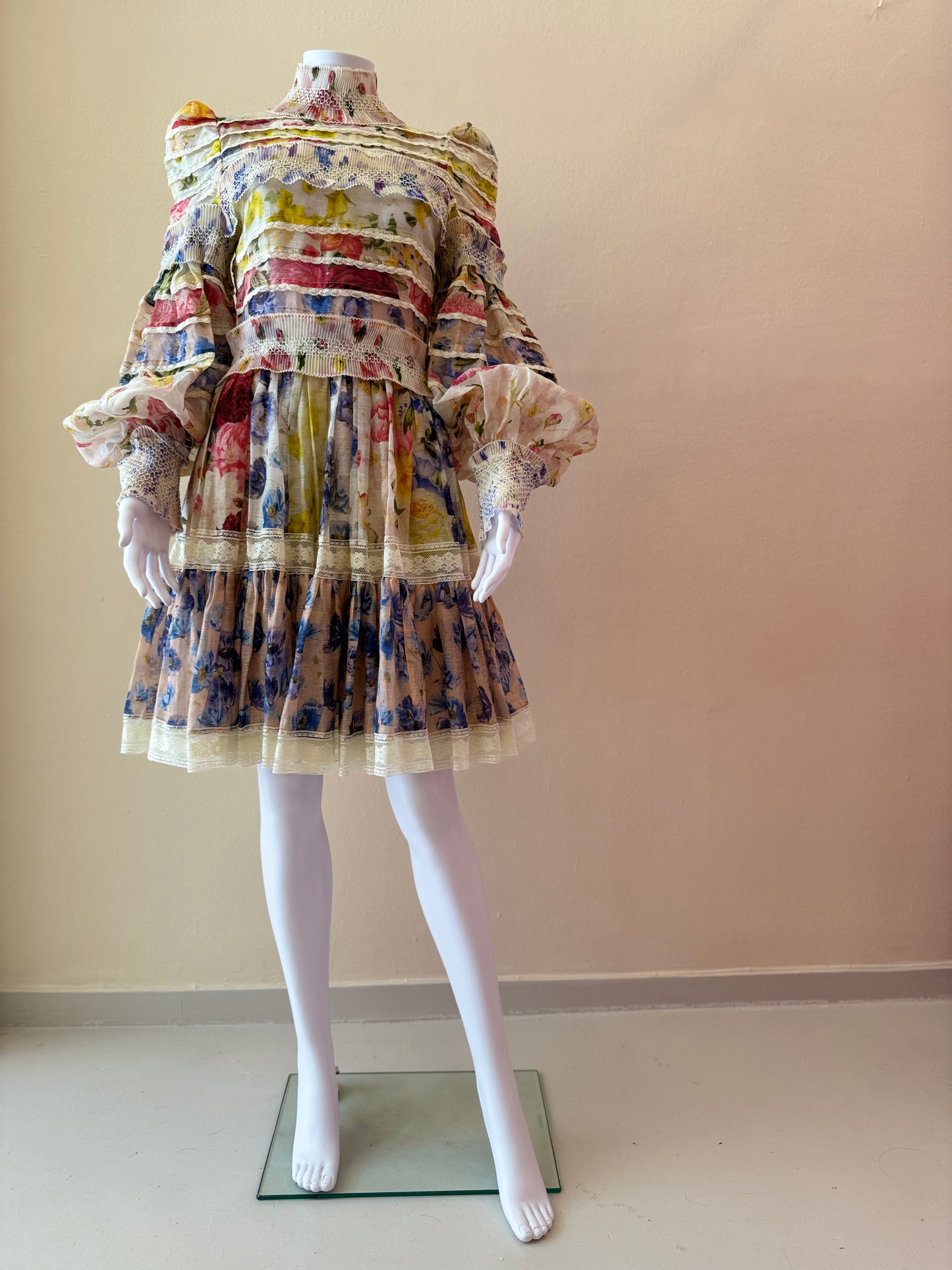 ZIMMERMANN TIERED PLEATED FLORAL PRINT MINI DRESS