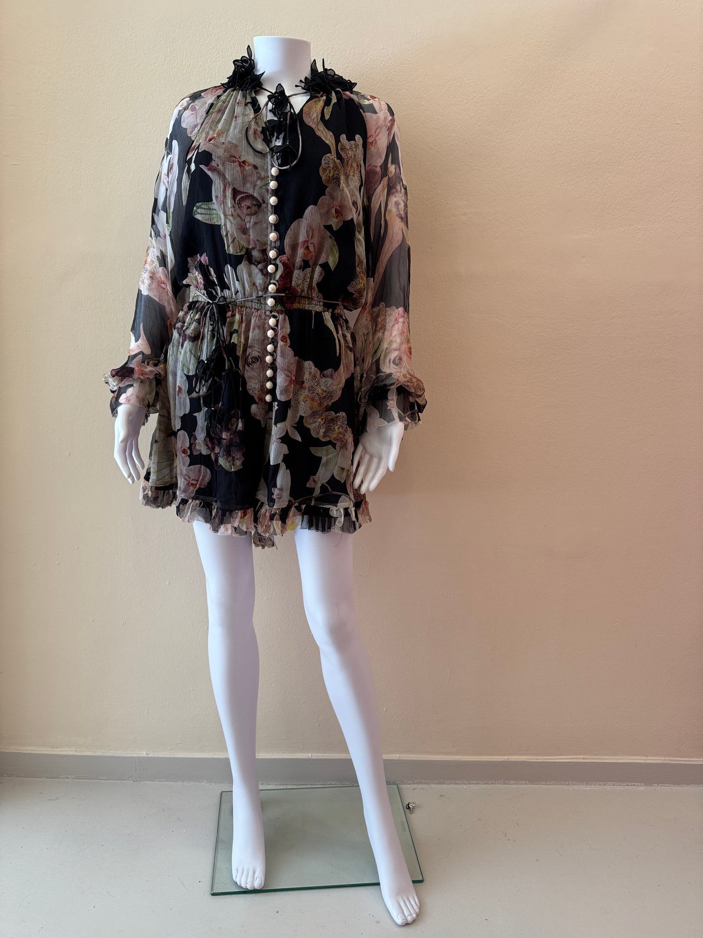 Zimmermann Sabotage black printed chiffon ruffled playsuit 100% SILK