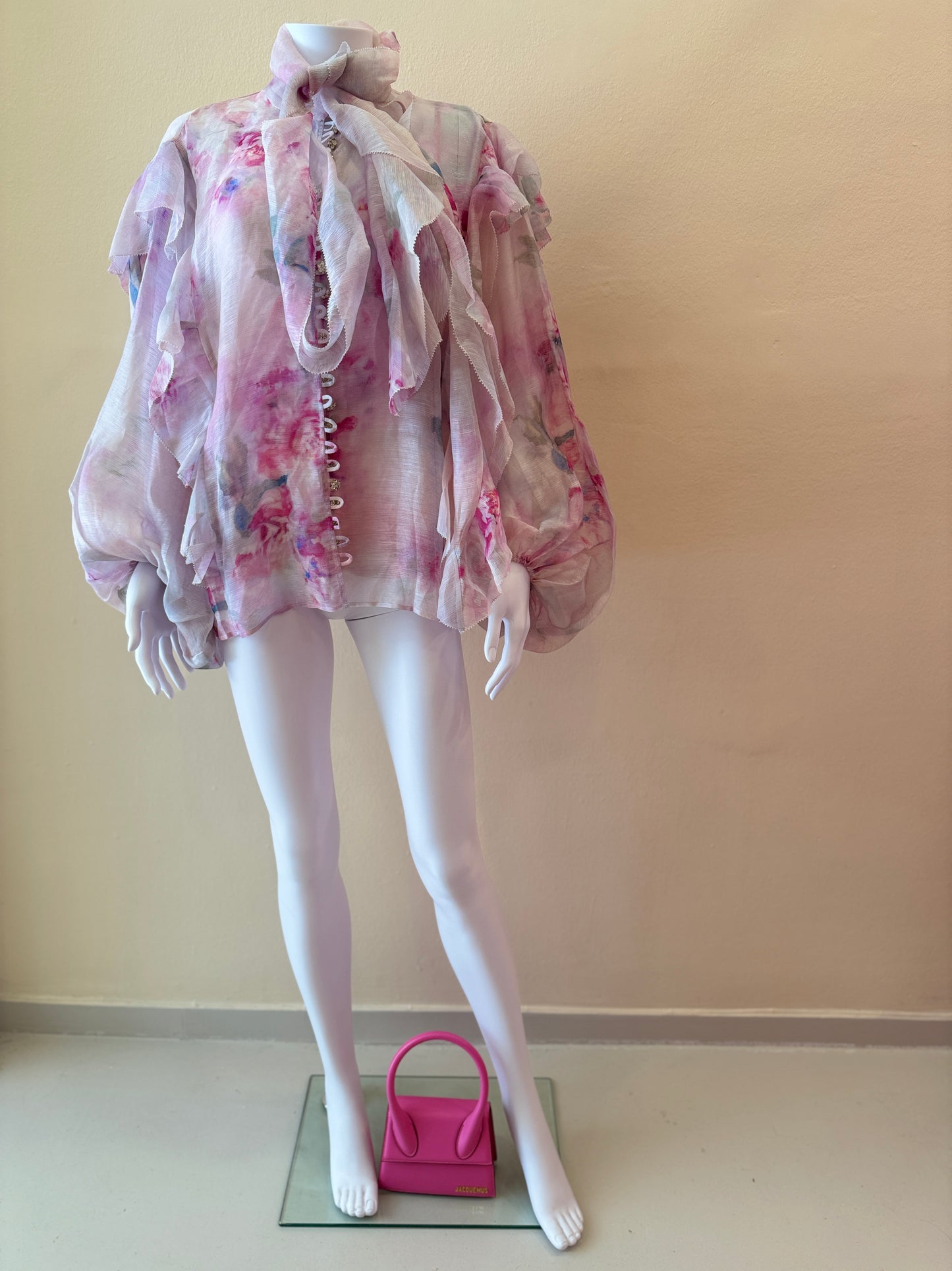 ZIMMERMANN CRUSH TIE NECK FLORAL PRINT BLOUSE
