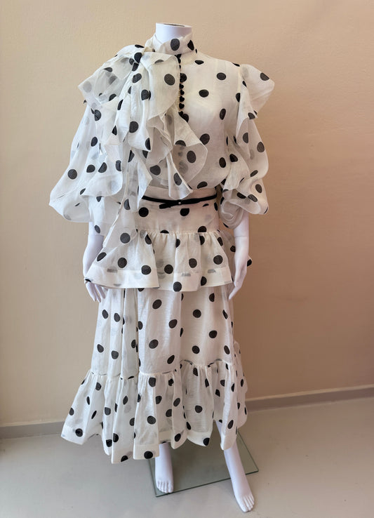 ZIMMERMANN CRUSH TIE NECK RUFFLE SET BLOUSE SKIRT