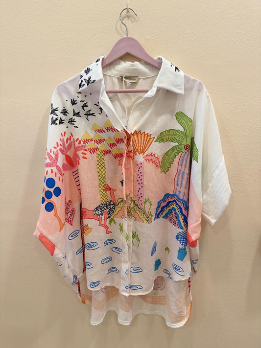 Linen Shirt & Shorts Set – Tropical Palm & Bird Print – One Size