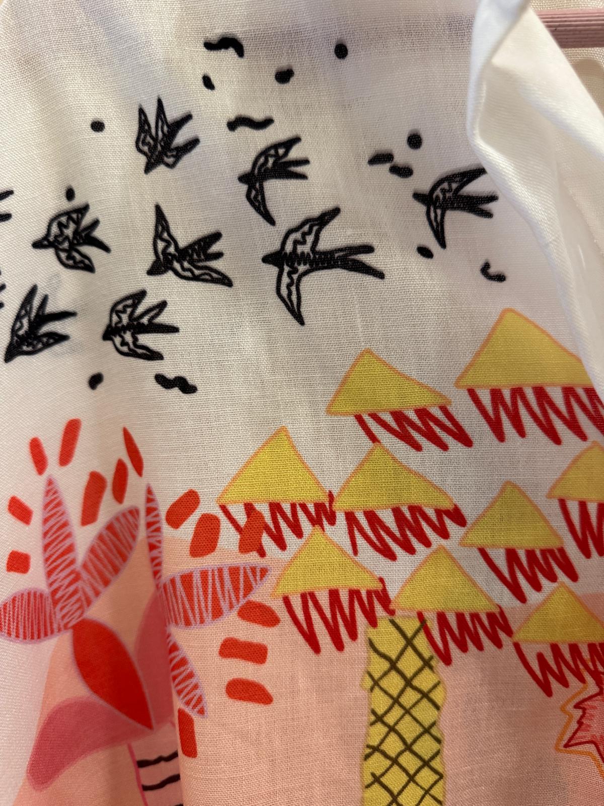 Linen Shirt & Shorts Set – Tropical Palm & Bird Print – One Size