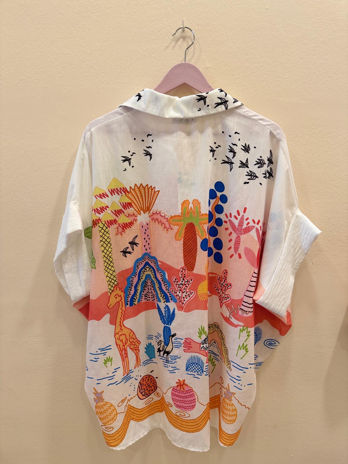 Linen Shirt & Shorts Set – Tropical Palm & Bird Print – One Size