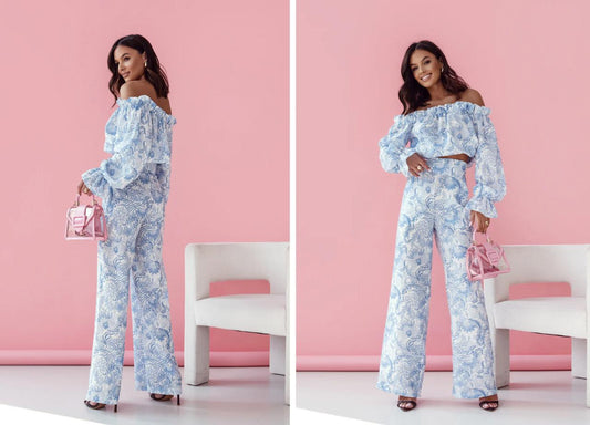 Two-Piece Set – Long Pants &amp; Off-Shoulder Top in Blue Print