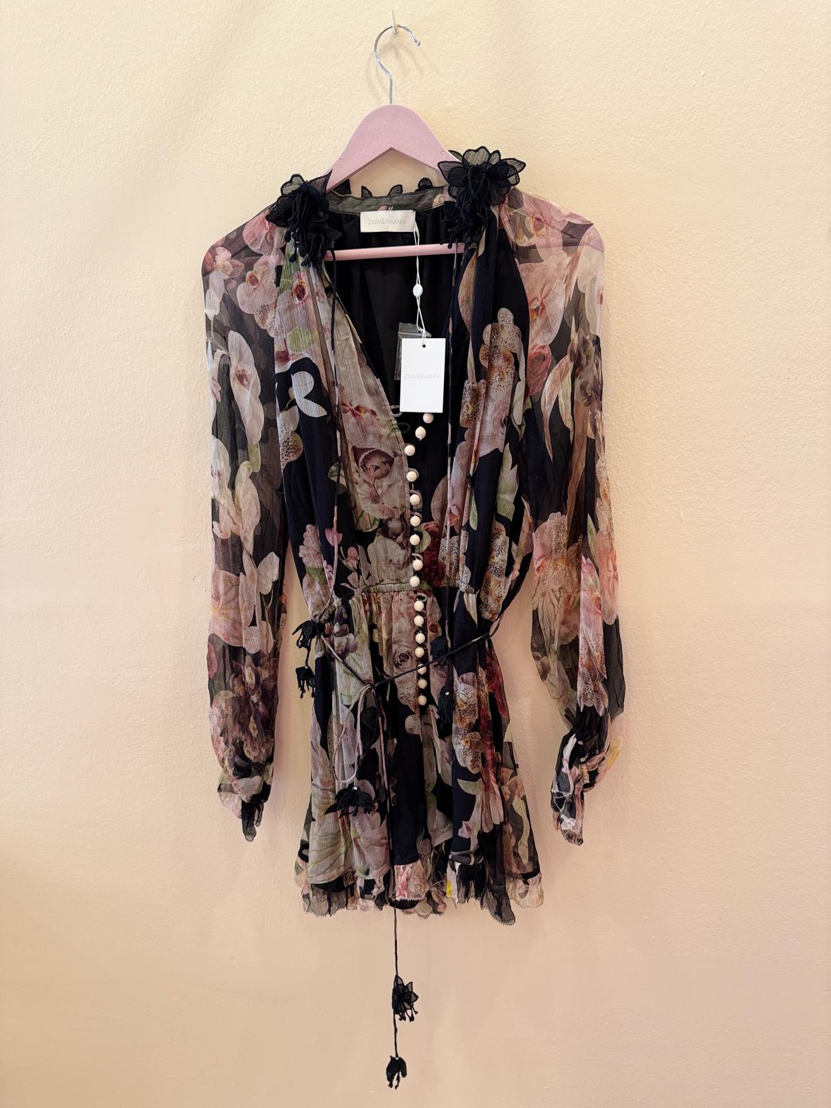 Zimmermann Sabotage black printed chiffon ruffled playsuit 100% SILK