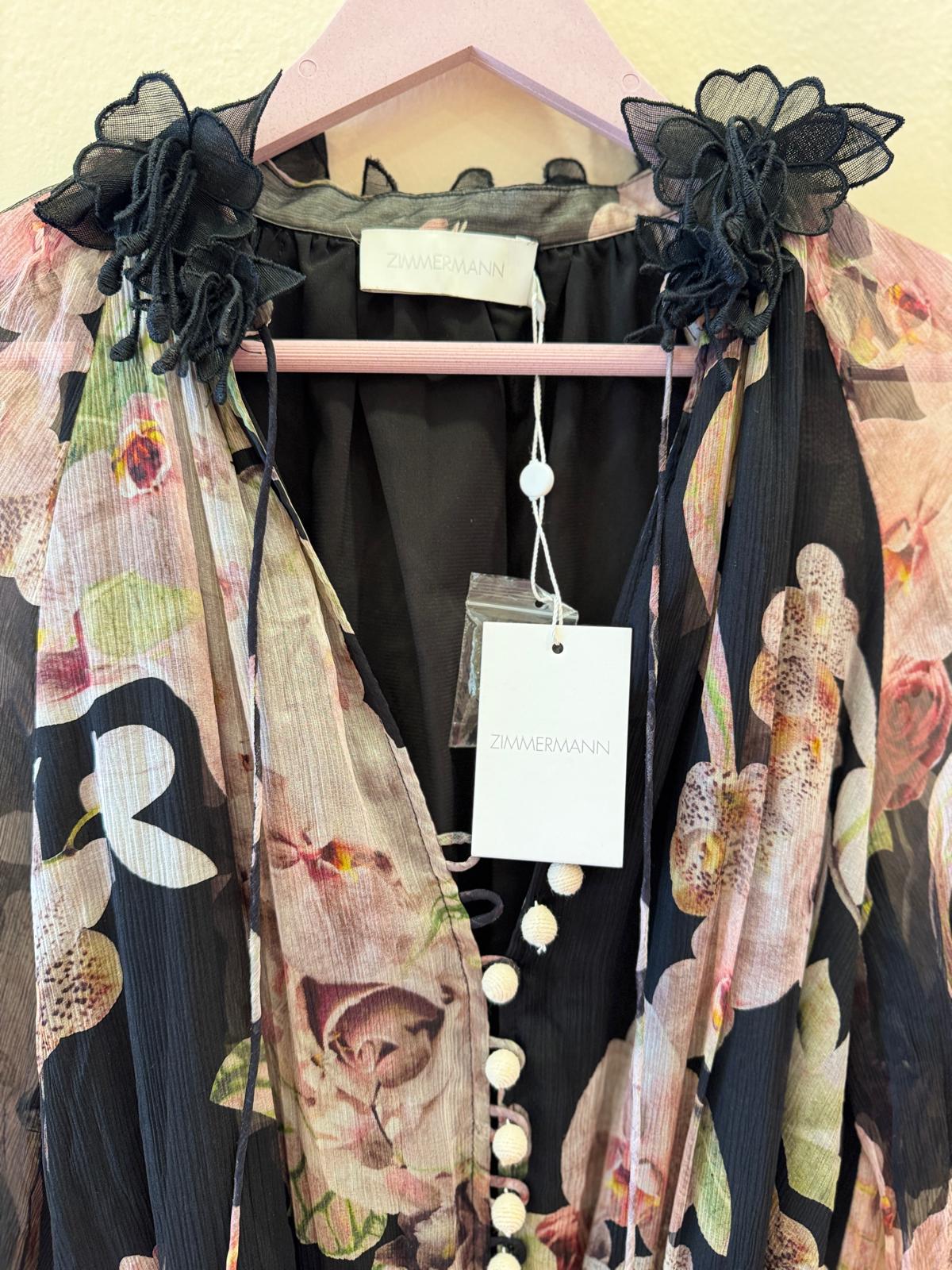 Zimmermann Sabotage black printed chiffon ruffled playsuit 100% SILK