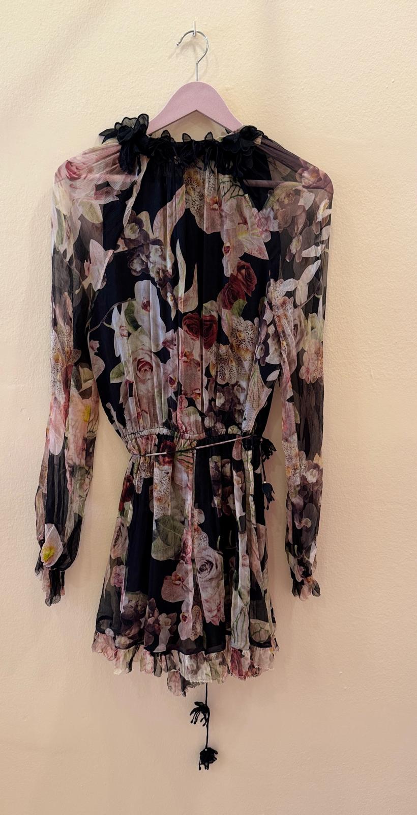 Zimmermann Sabotage black printed chiffon ruffled playsuit 100% SILK