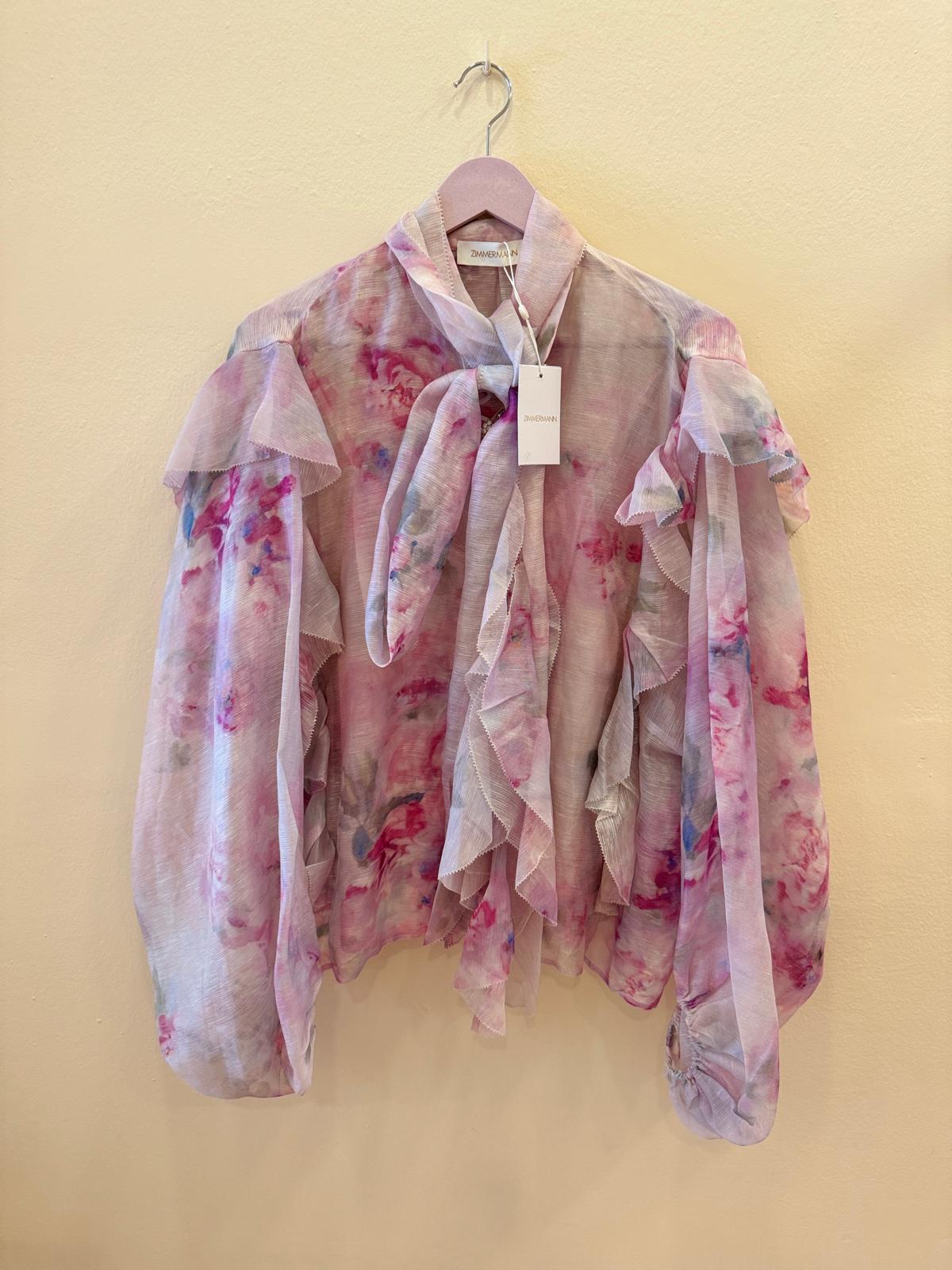 ZIMMERMANN CRUSH TIE NECK FLORAL PRINT BLOUSE